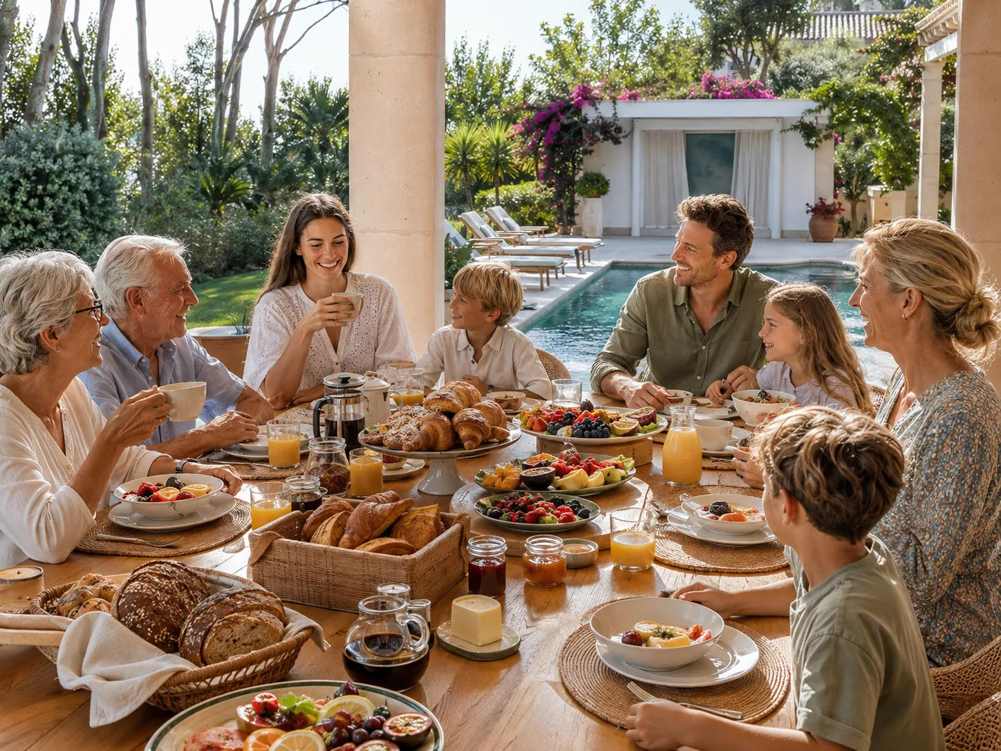 Family breakfast by the pool in a private villa, with a relaxed Mediterranean morning atmosphere