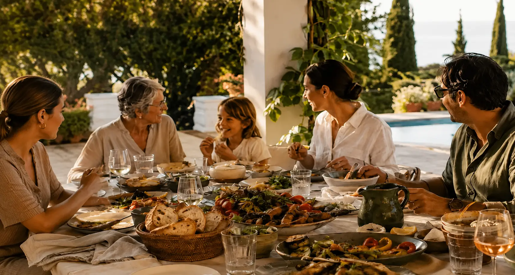 Family and friends sharing abundant food around a warm Mediterranean table