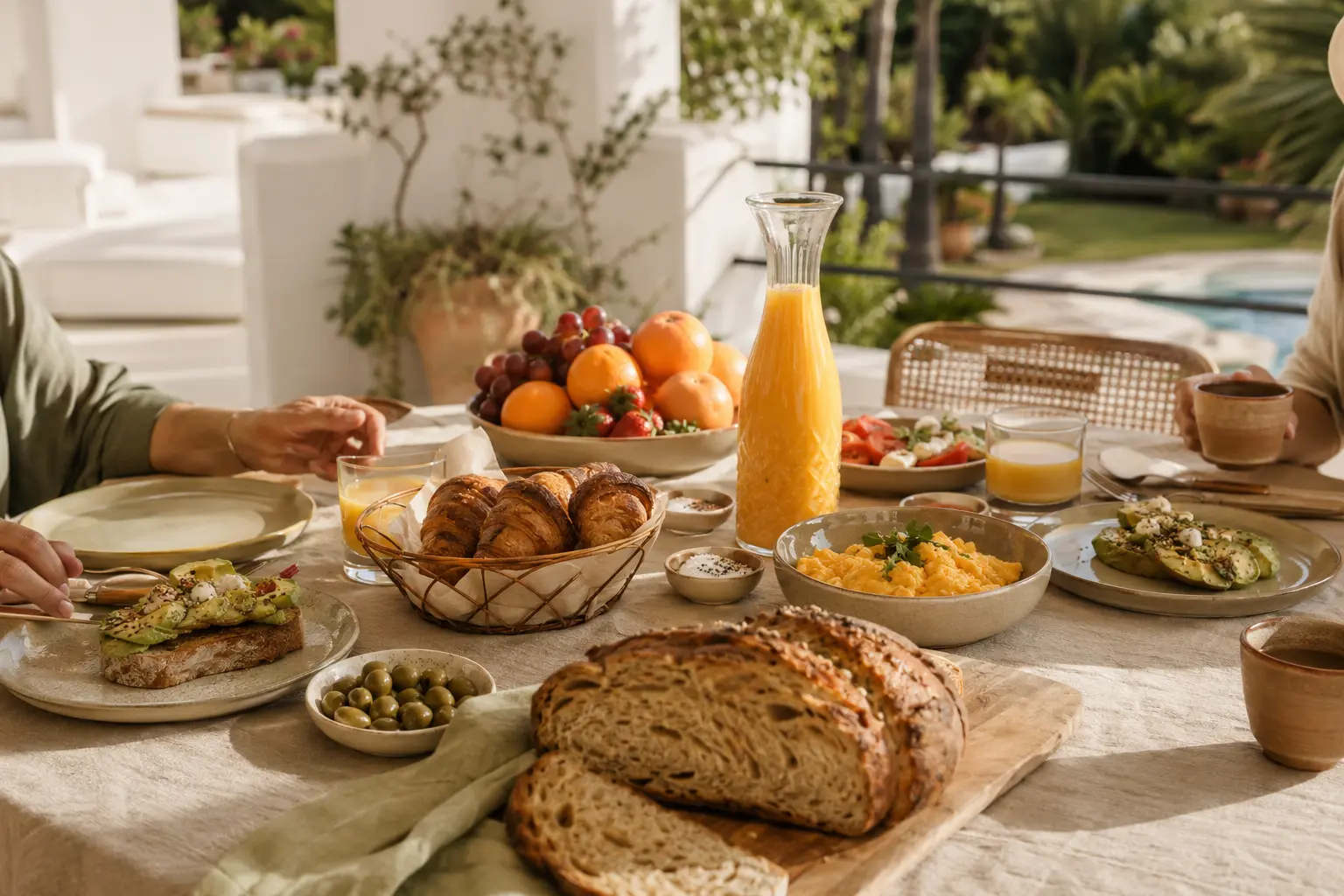 An abundant Mediterranean breakfast prepared for a family in a Marbella villa