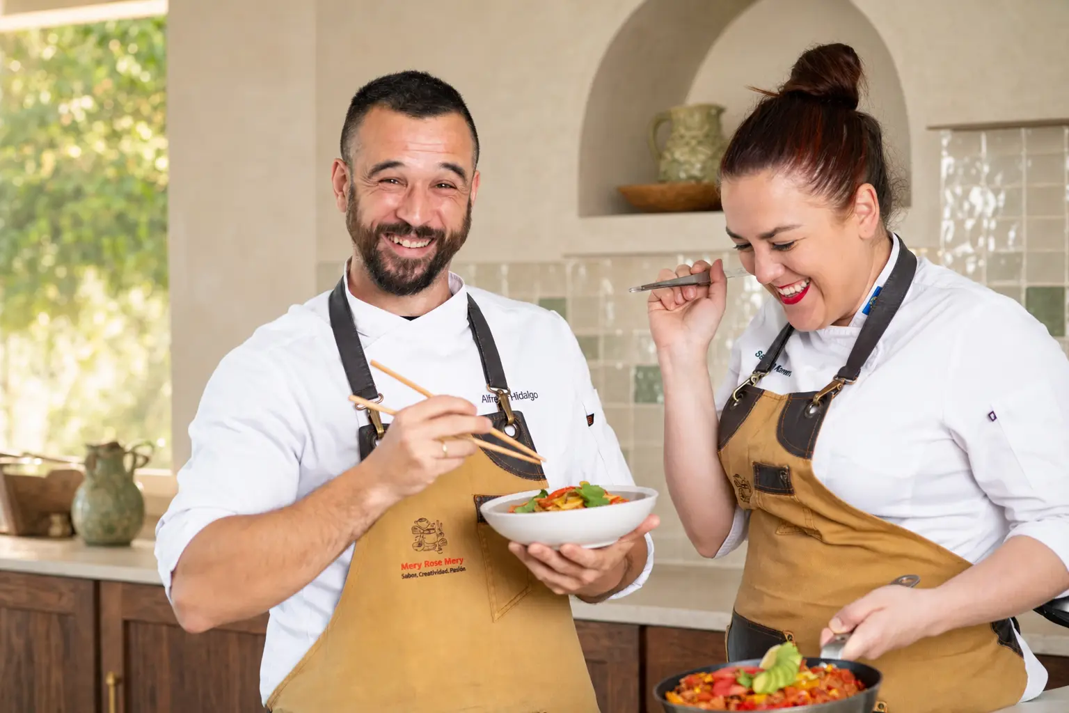 Mery and Alfredo working together in an Andalusian villa setting