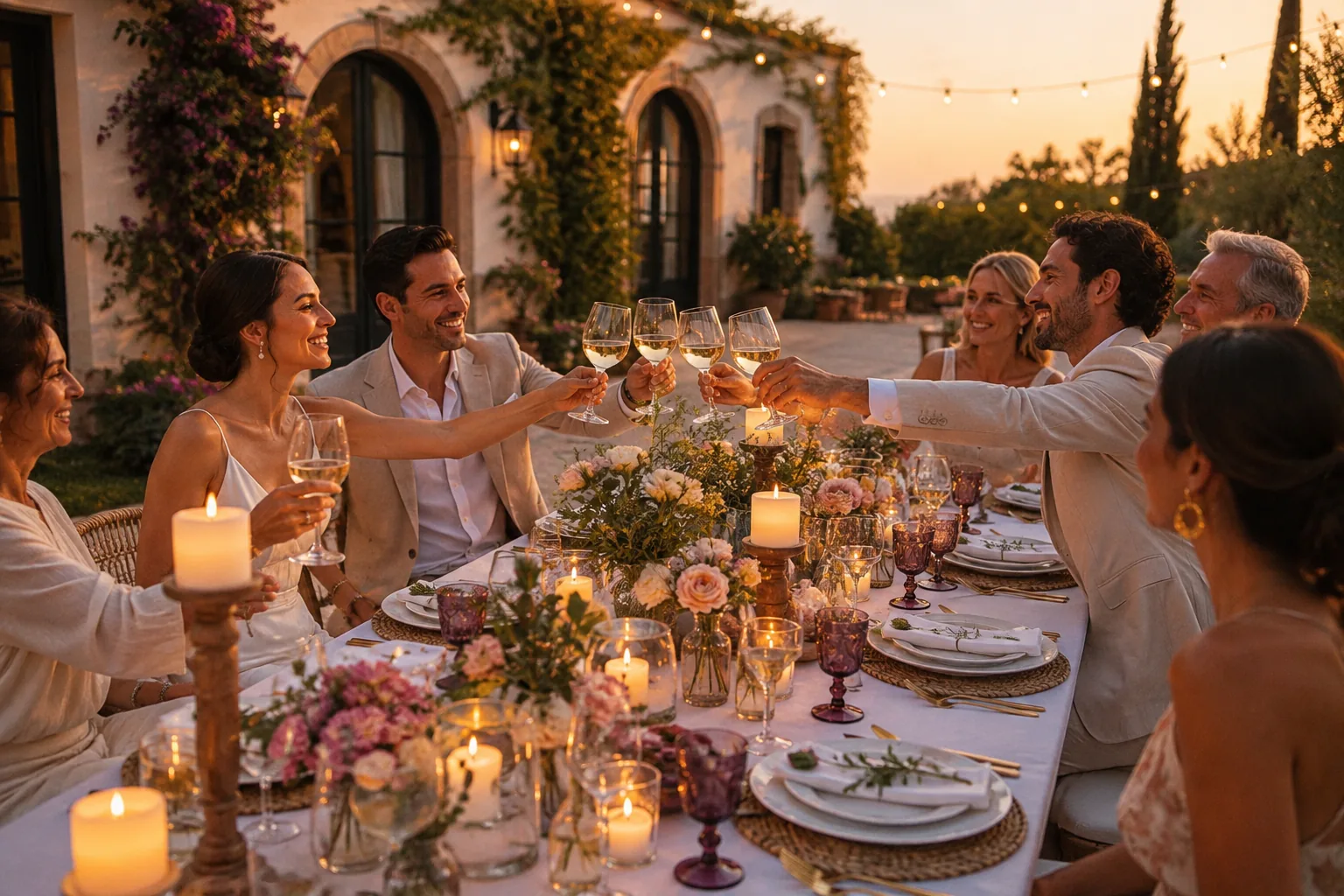 Guests sharing an emotional toast at an intimate wedding dinner