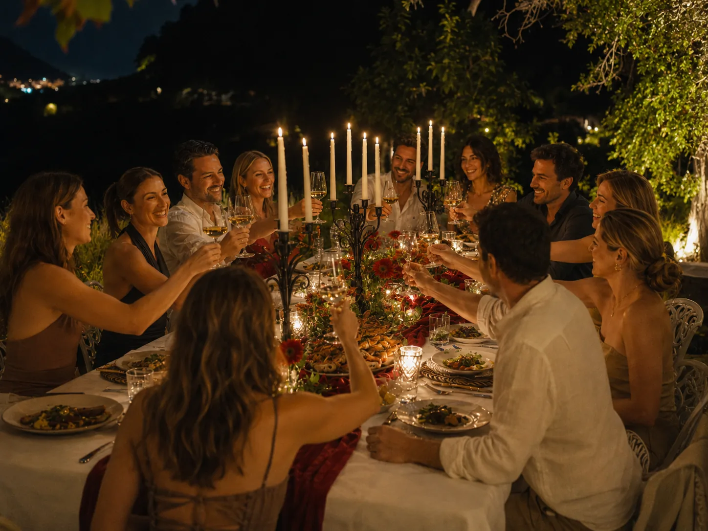 Diez invitados brindando durante una cena privada cálida en Marbella