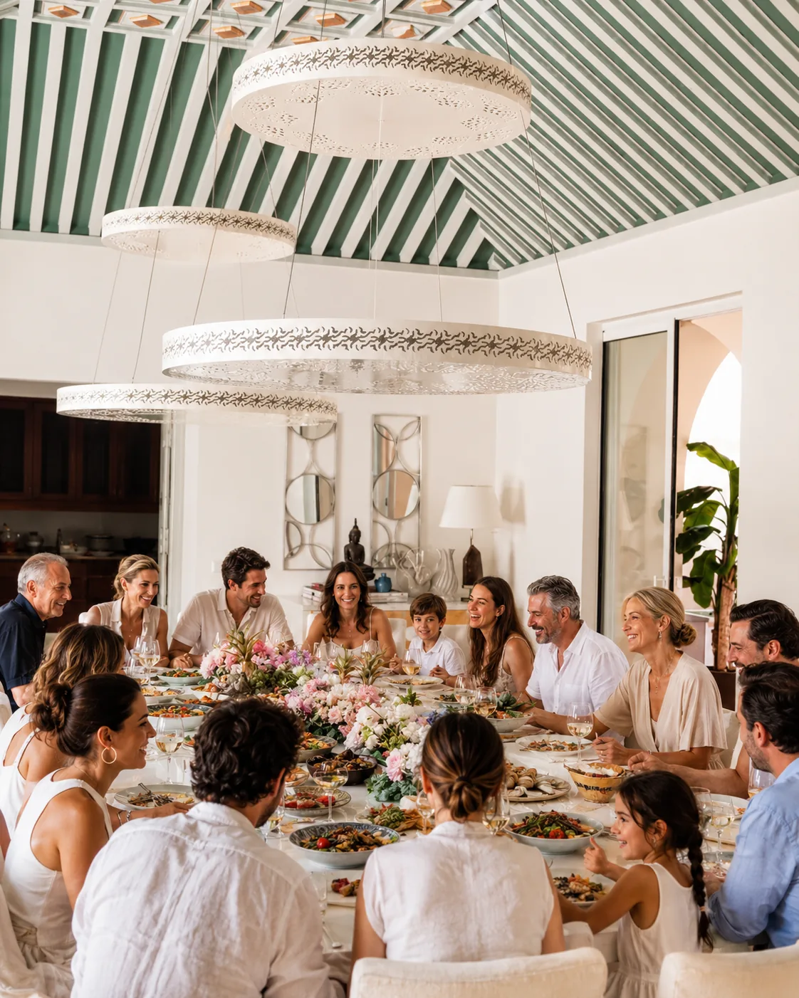 Fifteen guests enjoying a generous Mediterranean grill table in a Marbella villa