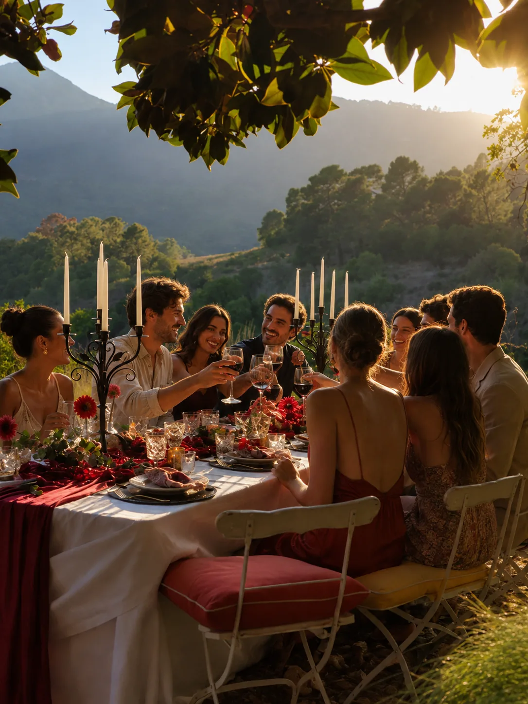 Friends celebrating around a beautifully set private dinner table at golden hour