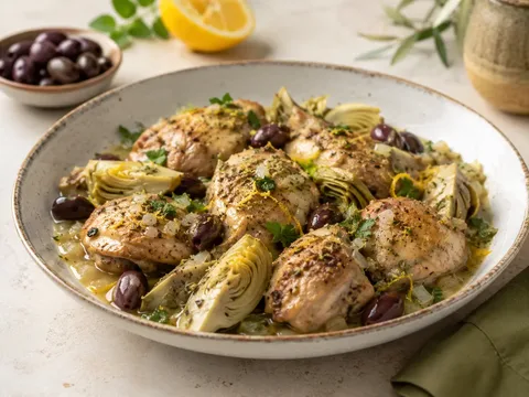 Pollo al limón con alcachofas, aceitunas y orégano