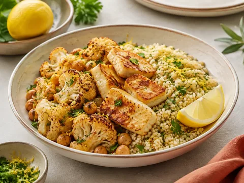 Coliflor especiada, garbanzos y halloumi con bulgur al limón