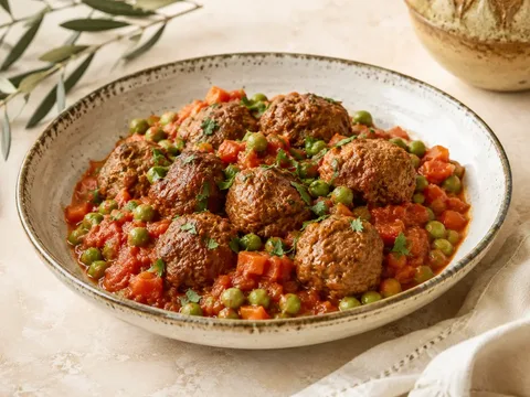 Albóndigas de ternera con guisantes tiernos, zanahoria y tomate