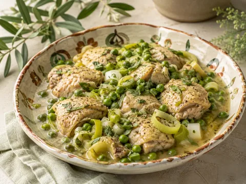 Fricasé de pollo con puerros, guisantes y estragón