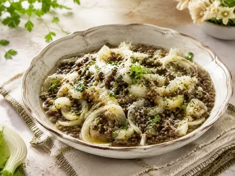 Estofado de lenteja verde, hinojo y parmesano