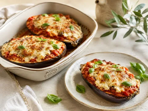 Berenjenas al horno con tomate, ricotta y albahaca