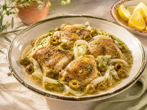 Pollo con hinojo, aceitunas verdes y limón