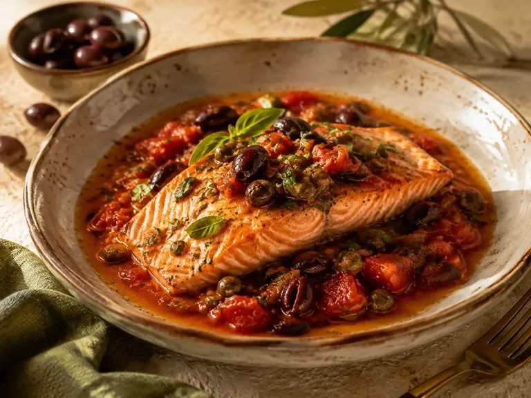Salmon puttanesca with tomato, olives & capers