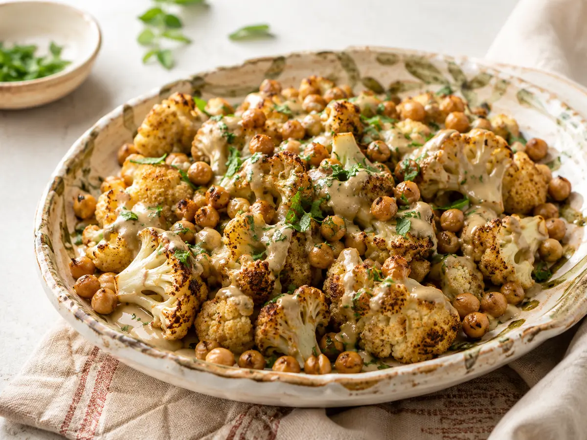 Roasted cauliflower with tahini & crispy chickpeas
