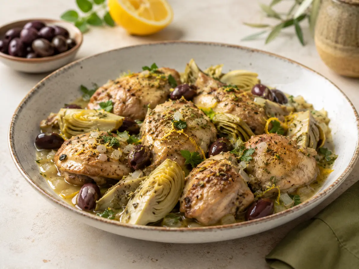 Lemon chicken with artichokes, olives & oregano
