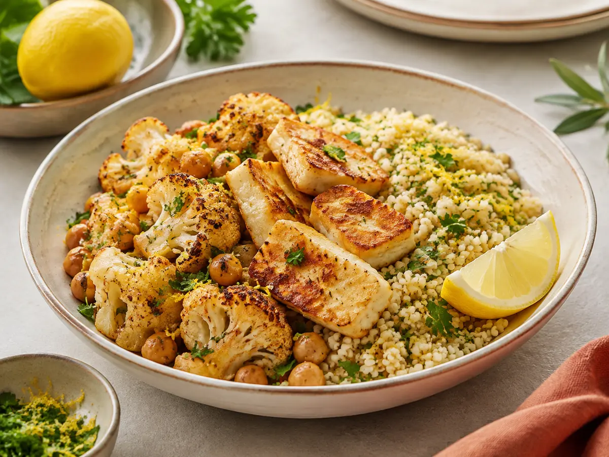 Spiced cauliflower, chickpeas & halloumi with lemon bulgur