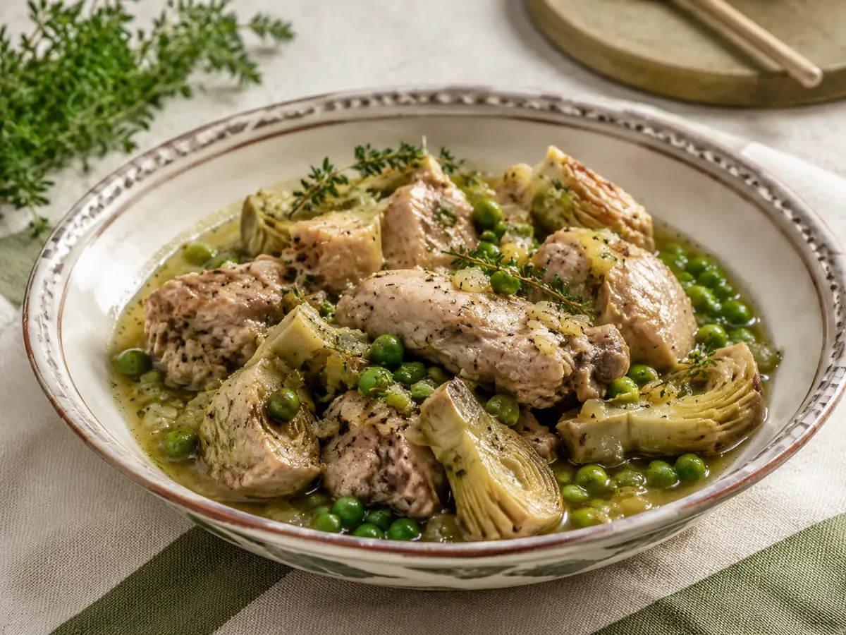 Rabbit stew with artichokes, peas & thyme