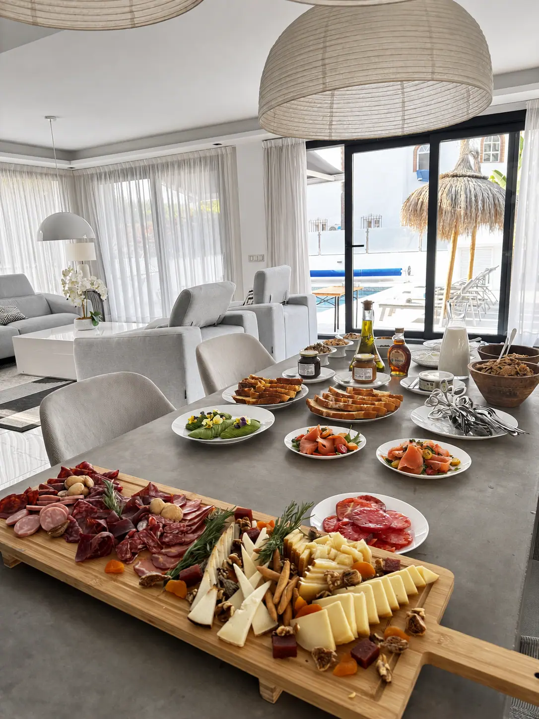 A Mediterranean breakfast table prepared in a Marbella villa