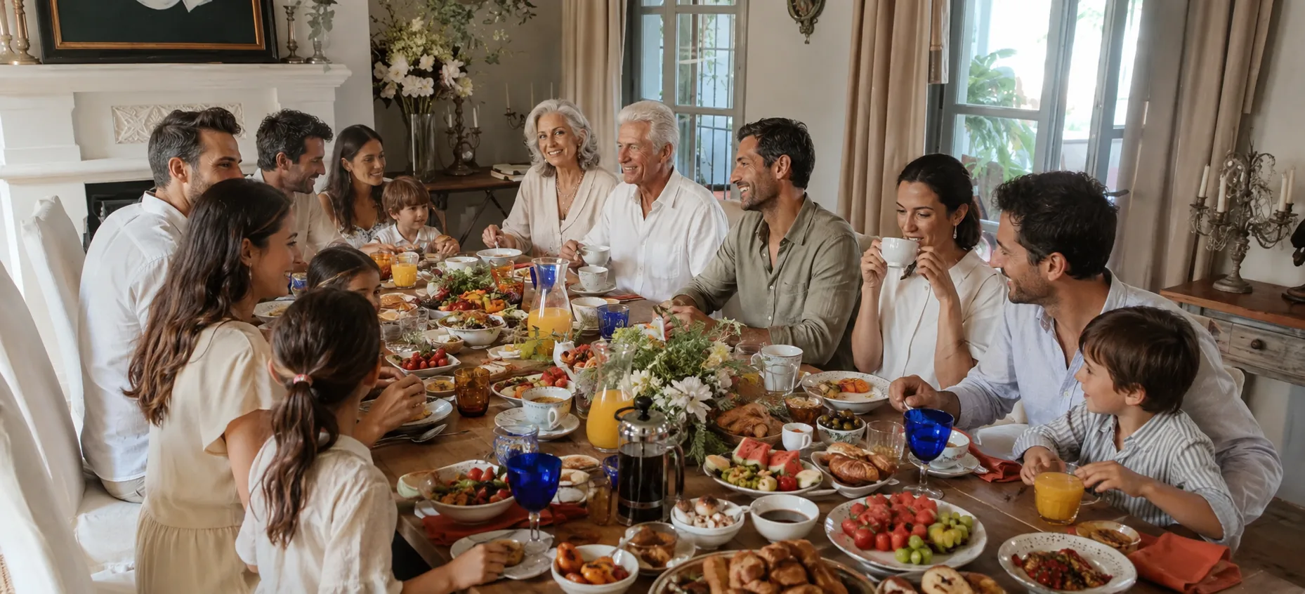 Family breakfast in a private villa with 12 guests, including grandparents and children, gathered around a generous Mediterranean brunch table
