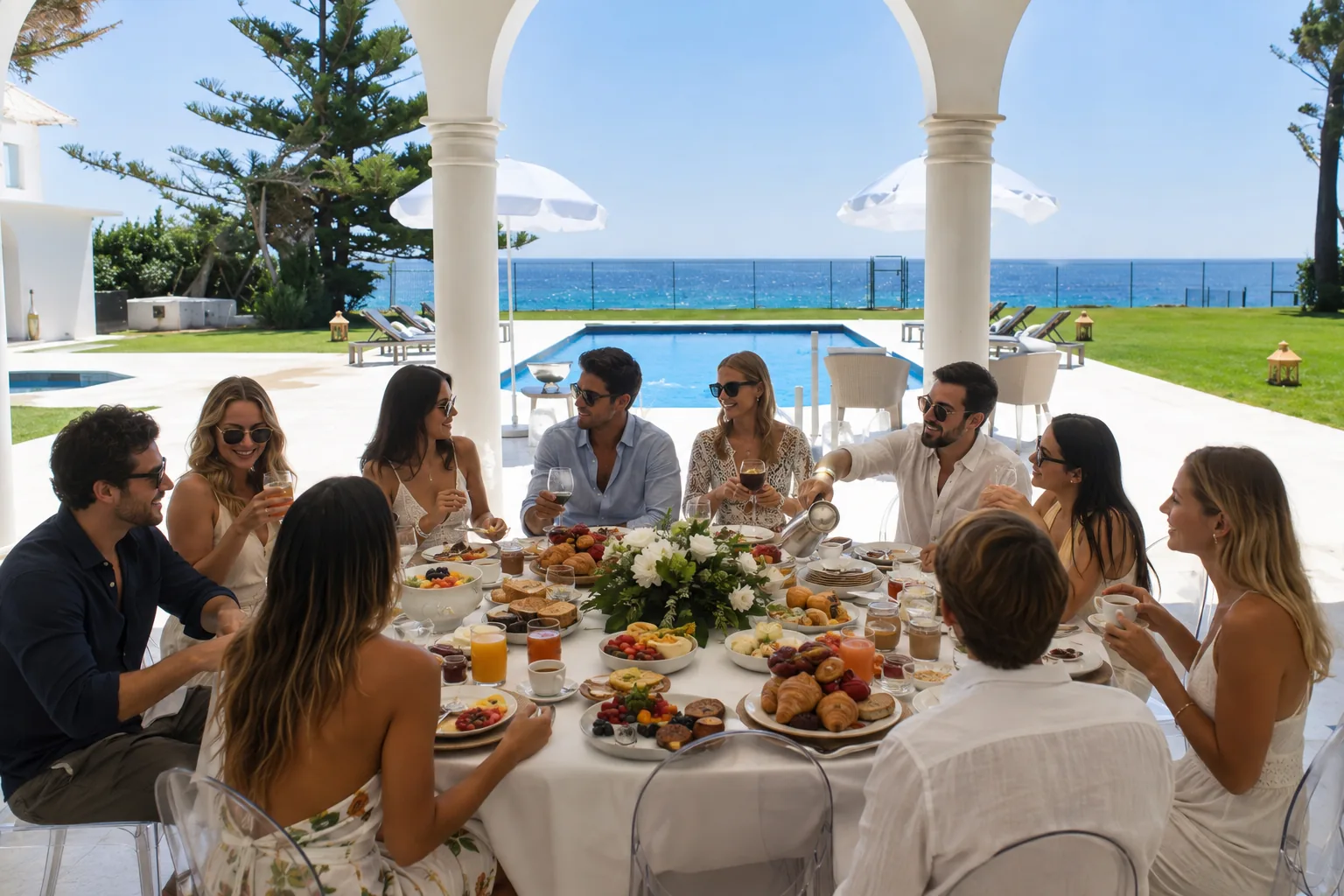 Group of 12 friends in their thirties enjoying a Mediterranean brunch by the pool in a private sea-view villa